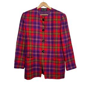 Vtg Harve Benard Plaid Jacket Womens Red Purple 4 Button Mid Length Size M